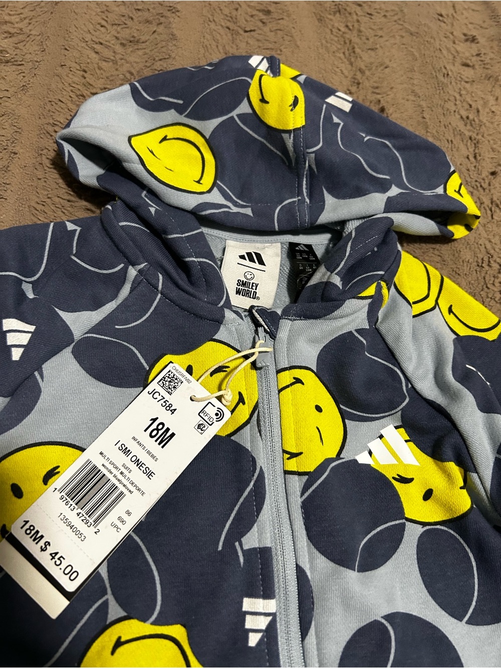 adidas Navy and Yellow Smiley Zip Hoodie Onesie